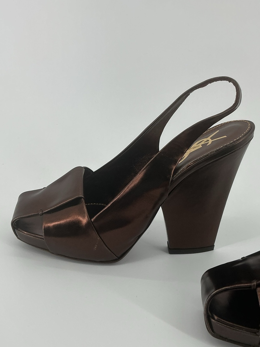 Yves Saint Laurent YSL Bronze Metallic Leather Slingback Heels 38.5